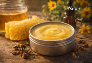 Tin of beeswax and propolis salve surrounded by raw honeycomb, propolis resin, and honeybees in warm natural light, illustrating natural skin care, apitherapy, and bee-based remedies.