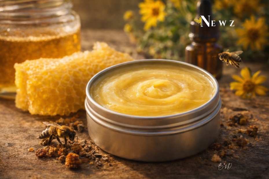 Tin of beeswax and propolis salve surrounded by raw honeycomb, propolis resin, and honeybees in warm natural light, illustrating natural skin care, apitherapy, and bee-based remedies.