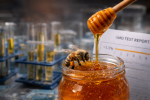 Close-up of a jar of golden honey with a honey dipper and a bee on the rim, set in a laboratory environment with blurred test tubes and research equipment in the background.