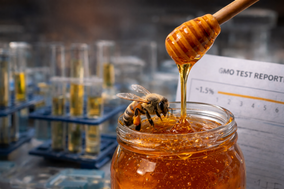 Close-up of a jar of golden honey with a honey dipper and a bee on the rim, set in a laboratory environment with blurred test tubes and research equipment in the background.