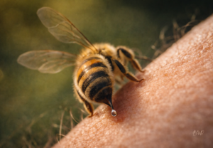 Macro close-up of a honeybee stinging human skin with a visible droplet of venom, highlighting bee venom therapy, apitherapy research, and the medicinal properties of bee venom.