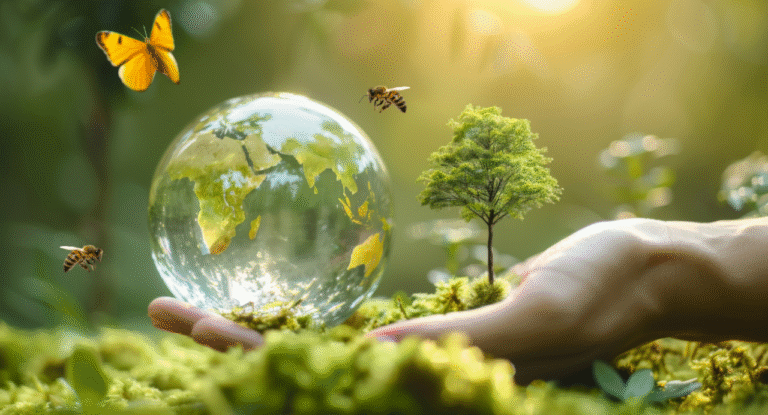 A palm of a hand holding a miniature tree next to the globe of the world and around is one butterfly and two bees. The background is a Forrest.