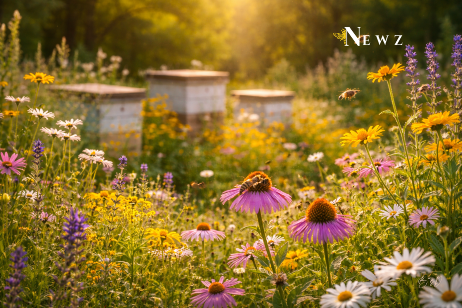 Vibrant bee-friendly garden filled with wildflowers in bloom, honeybees pollinating purple coneflowers and daisies in warm golden sunlight, highlighting pollinator habitat and sustainable gardening.