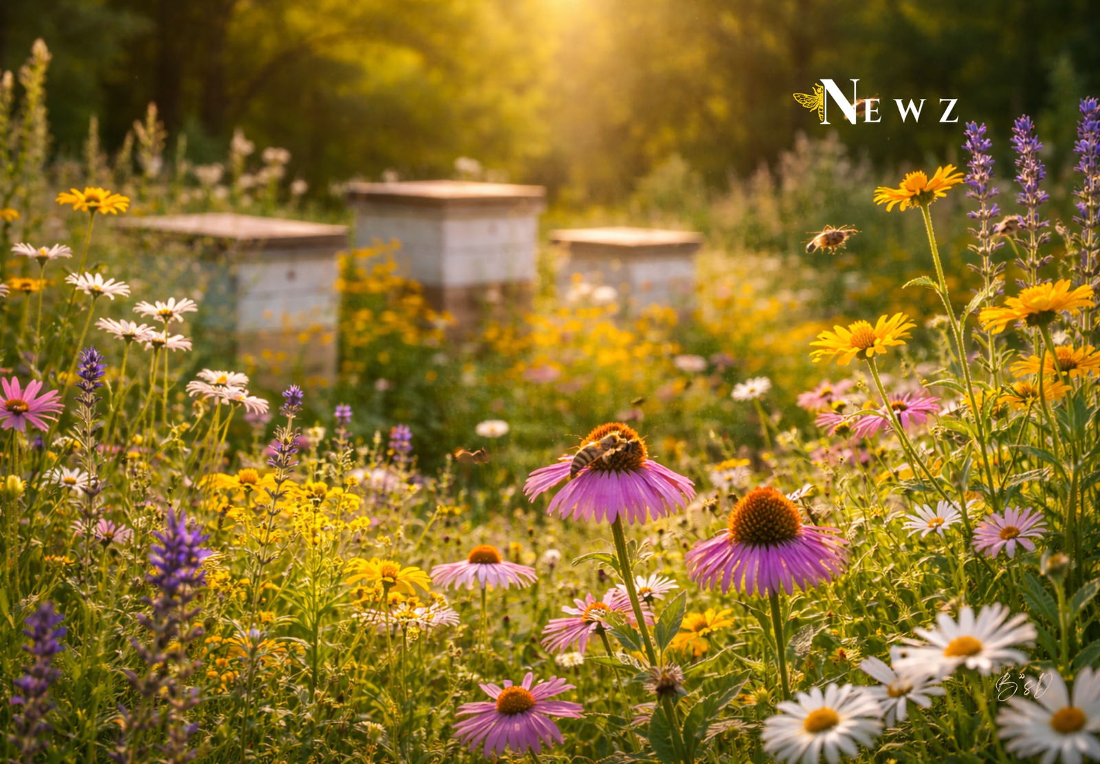 Vibrant bee-friendly garden filled with wildflowers in bloom, honeybees pollinating purple coneflowers and daisies in warm golden sunlight, highlighting pollinator habitat and sustainable gardening.