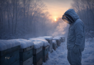 Beekeeper standing beside snow-covered beehives at sunrise during winter, demonstrating cold-weather hive protection and bee survival strategies.