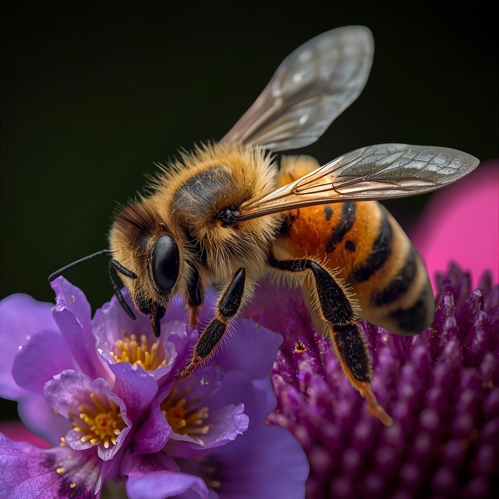 A vibrant macro shot of a honeybee gathering nectar from a purple flower, emphasizing pollination, biodiversity, bee protection, and eco-conscious living—key themes of Bee Newz.