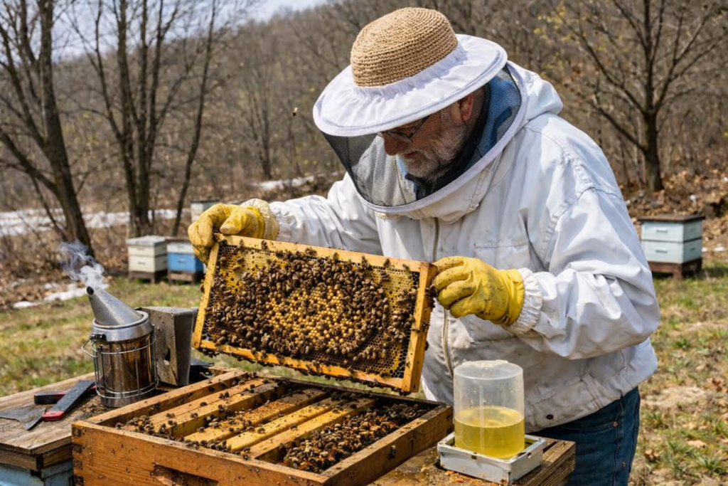 Experienced beekeeper conducting early spring hive inspection, checking brood pattern, honey reserves, and colony strength inside a wooden beehive to support sustainable beekeeping and pollinator health.