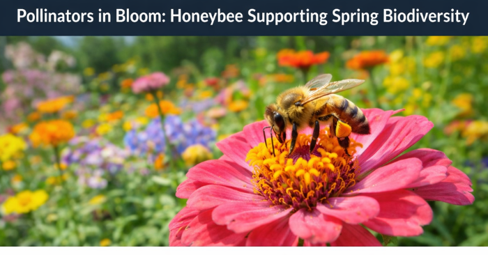 Close-up of a honeybee collecting nectar and pollen from a vibrant pink spring flower in an eco-friendly garden filled with colorful blooms.