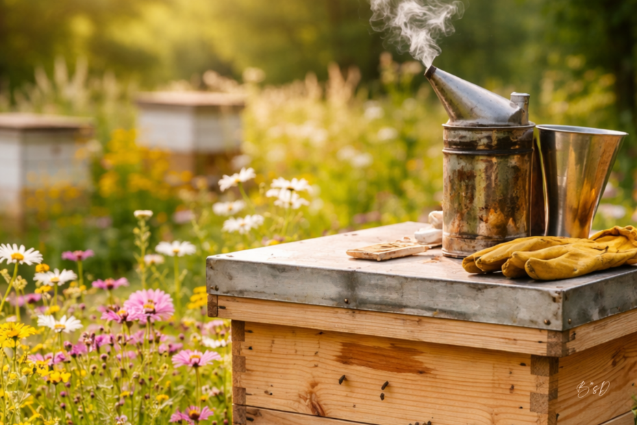 Wooden beehive surrounded by blooming wildflowers in spring with a smoker and gloves resting on top, representing spring hive inspection and preparation for healthy bee colonies.