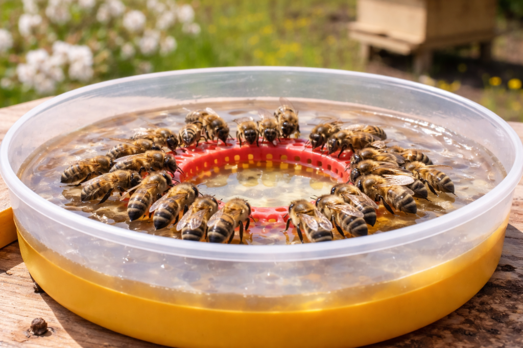 Honeybees feeding from a spring sugar syrup feeder to support early brood growth.