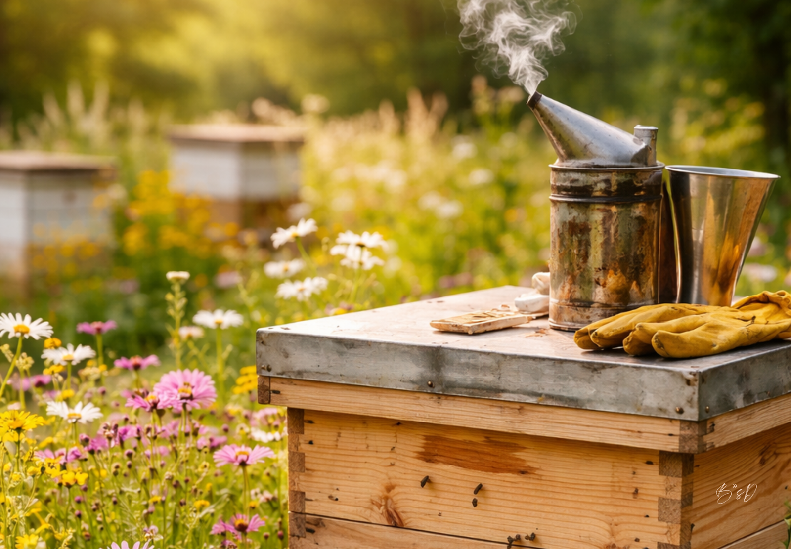 Wooden beehive surrounded by blooming wildflowers in spring with a smoker and gloves resting on top, representing spring hive inspection and preparation for healthy bee colonies.