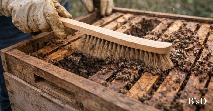 Beekeeper using a soft bee brush to gently move honeybees from wooden frames inside a beehive during a spring inspection.