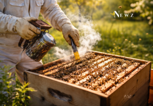 Beekeeper using a smoker and hive tool while opening a honey bee hive during a spring inspection.