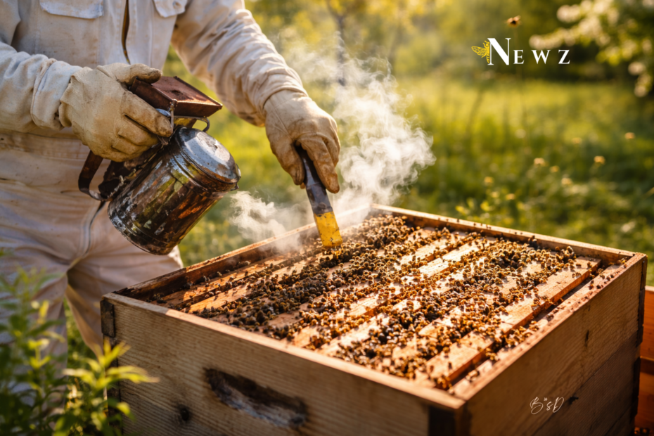 Beekeeper using a smoker and hive tool while opening a honey bee hive during a spring inspection.