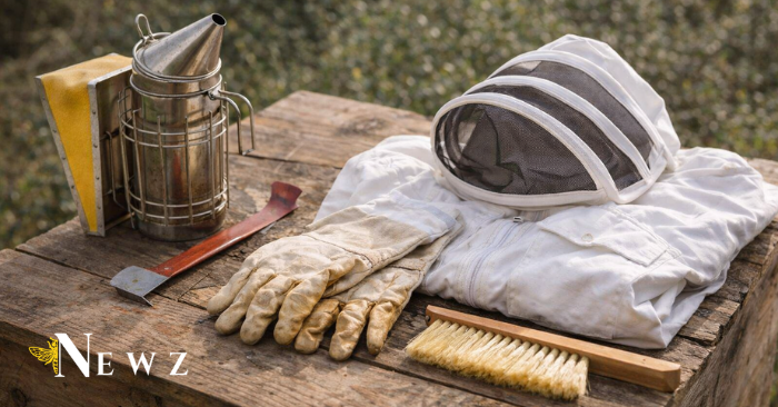 Beekeeping starter kit with smoker, hive tool, gloves, bee brush, and protective suit arranged together for beginner hive inspections.