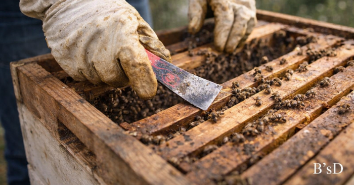 Beekeeper using a hive tool to separate wooden frames inside a beehive during a spring inspection, with honeybees covering the frames.